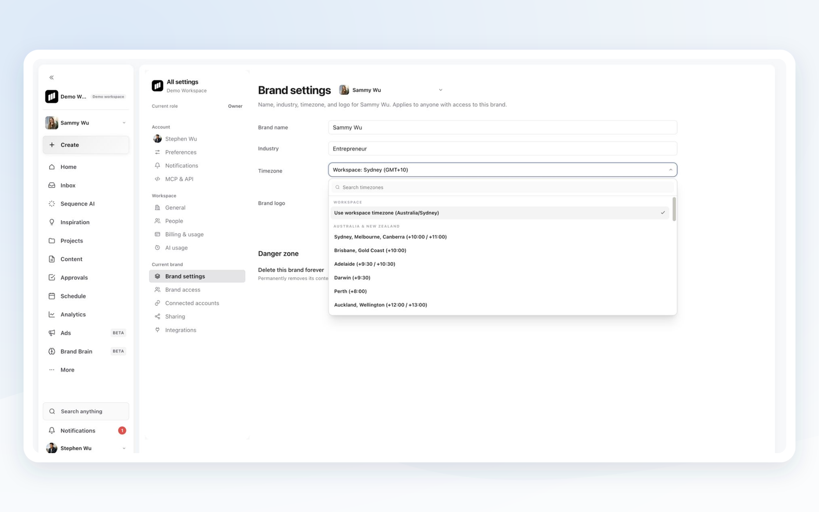 Brand timezones now follow the workspace