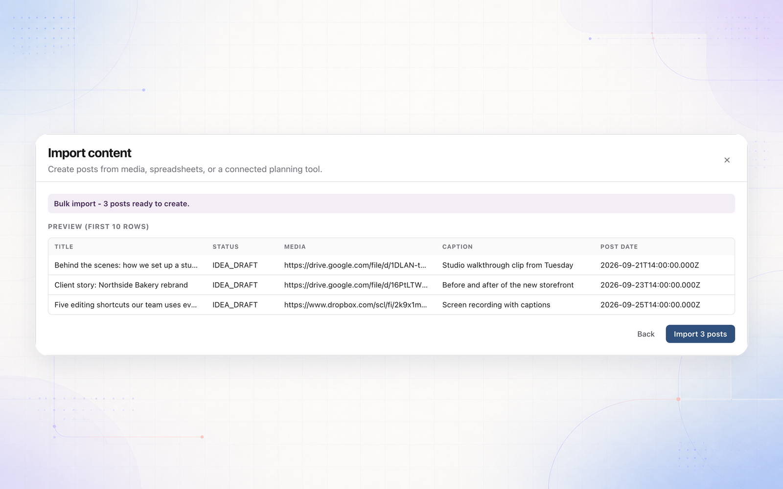 Google Drive and Dropbox links now import as media