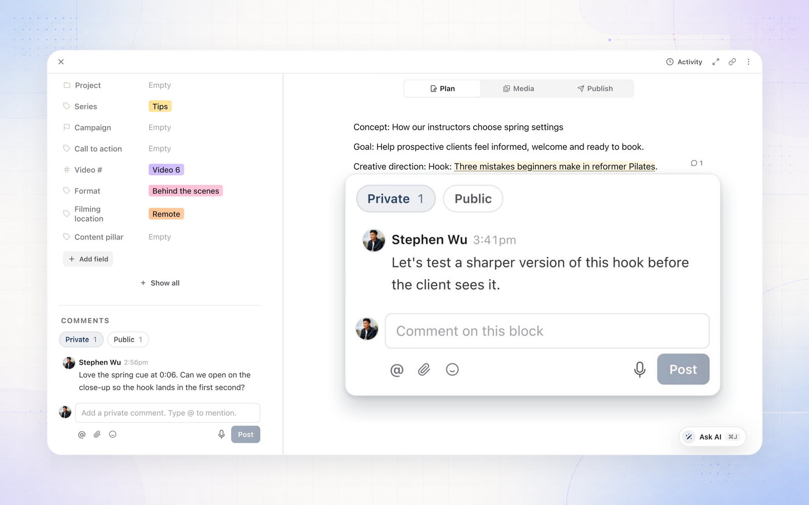 Private and public comments for client reviews