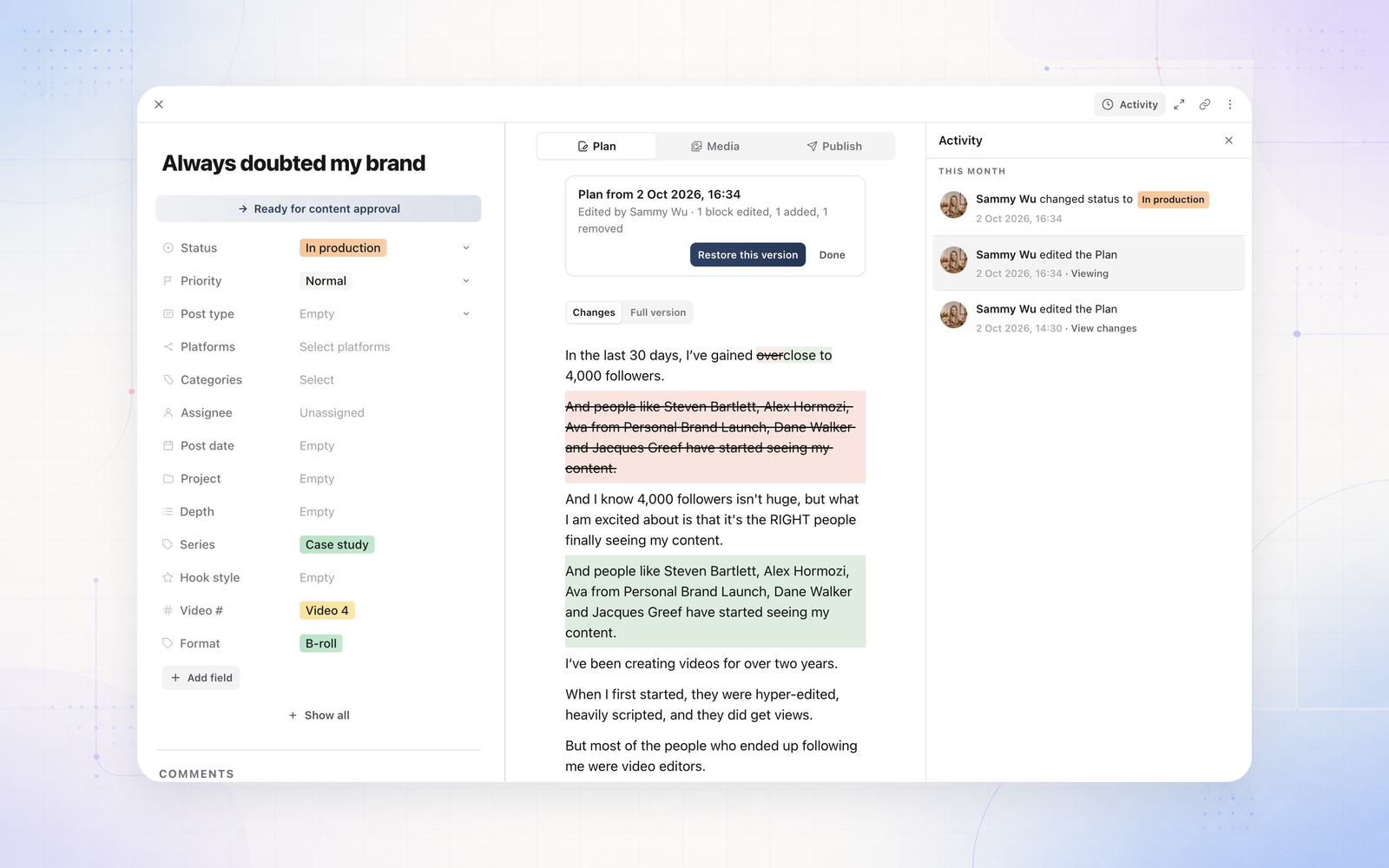 Version history for Plans and captions