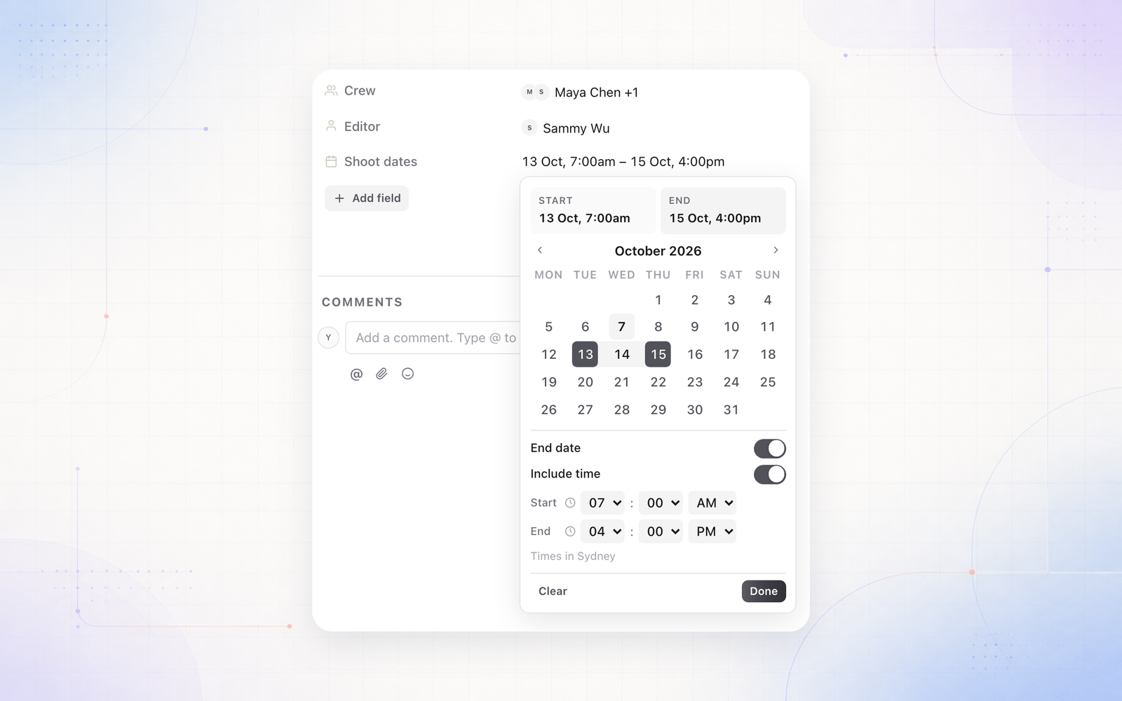 New Date and Person custom fields