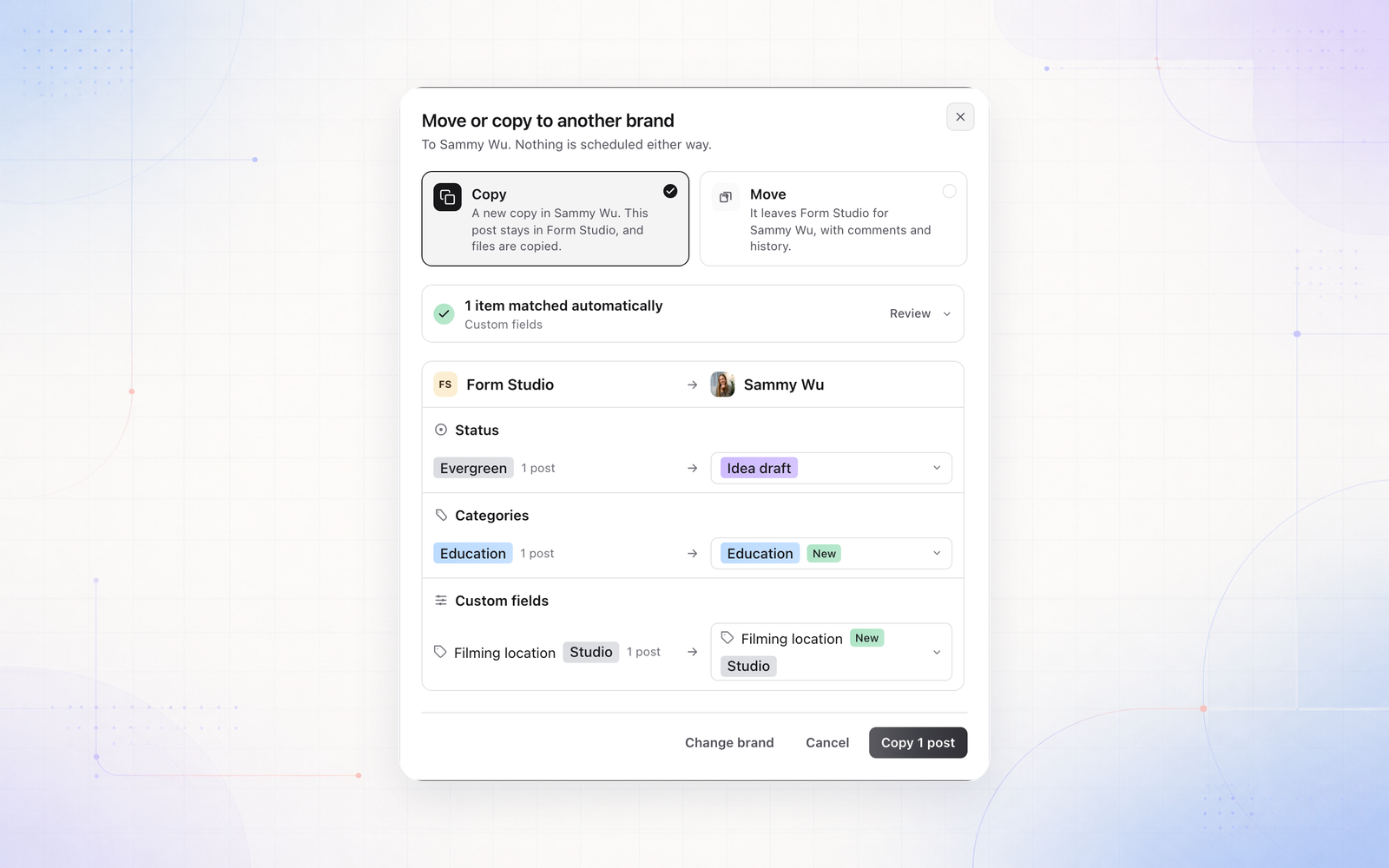 Move or copy posts to another brand