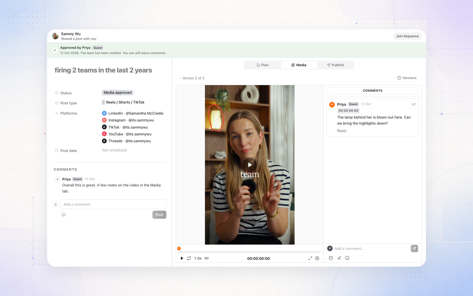 Clients can review and approve posts from a share link